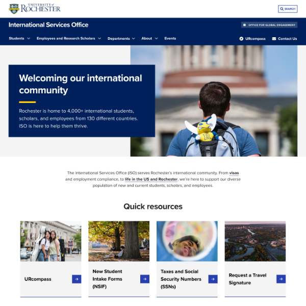 Webpage of the University of Rochester's International Services Office with welcoming message and quick resource links.