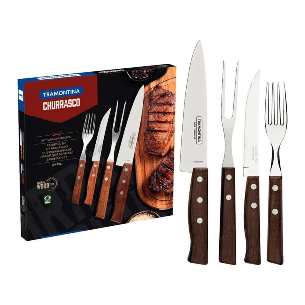  Kit Churrasco 14 Peças em Aço Inox Tradicional Madeira Natural TRAMONTINA