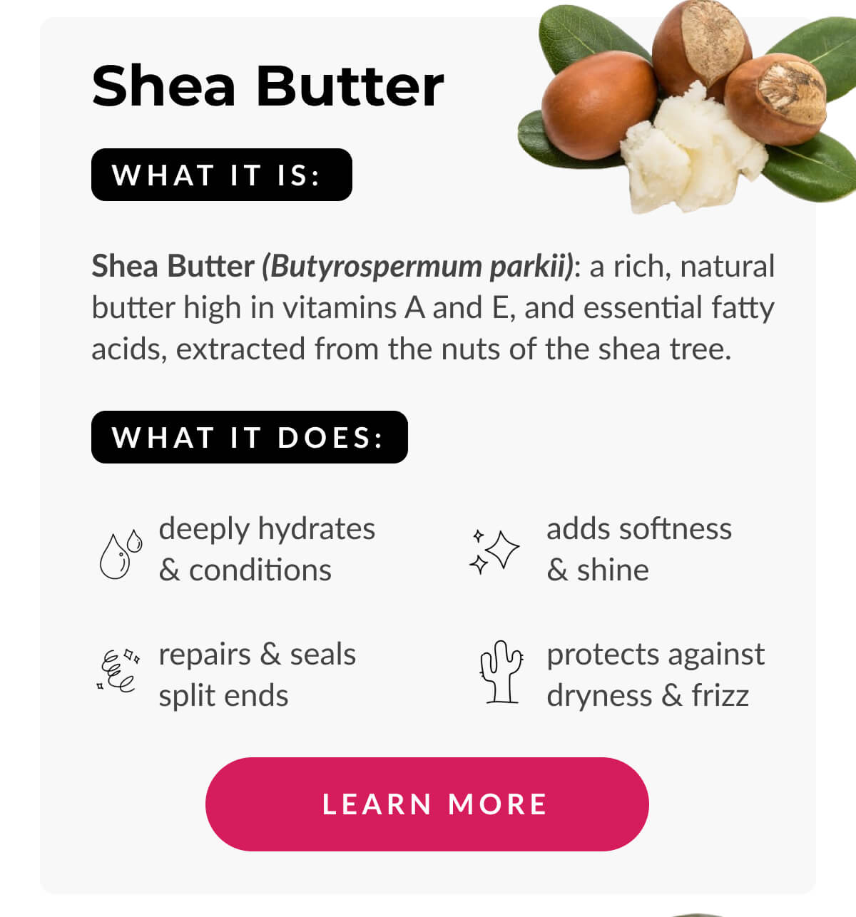 Shea Butter What It Is: Shea Butter (Butyrospermum parkii): a rich, natural butter high in vitamins A and E, and essential fatty acids, extracted from the nuts of the shea tree.