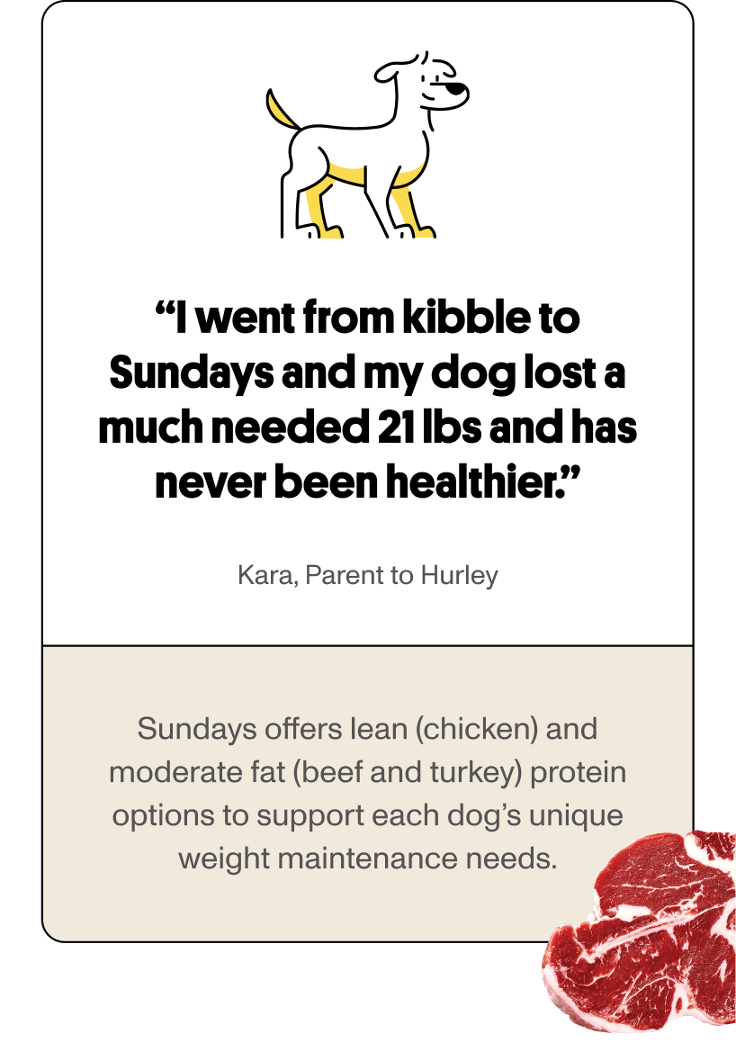 Sundays offers lean (chicken) and moderate fat  (beef and turkey) protein options to support each dog’s unique weight maintenance needs.