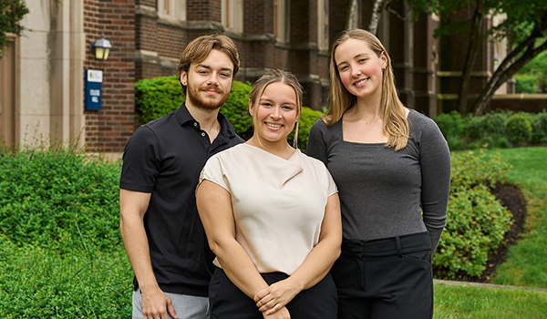 From left to right: Justin Barton, ’26, Maria Johnson, ’24, and Meghan Lyons, ’25, M.S. ’26, are a few of the recipients of the Lynch Family Gordon Scholars program.