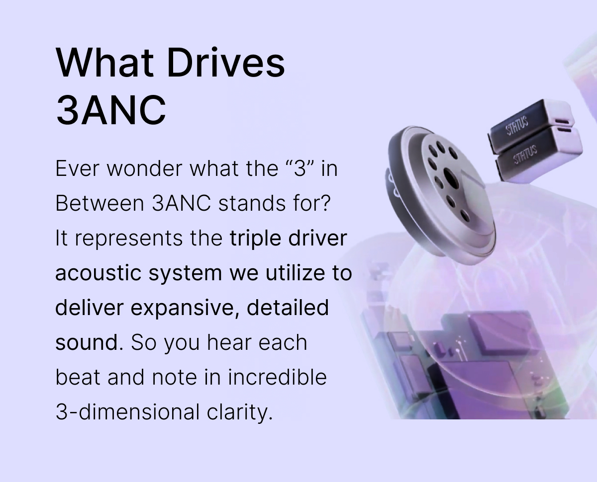 What Drives 3ANC: Ever wonder what the “3” in Between 3ANC stands for? It represents the triple driver acoustic system we utilize to deliver expansive, detailed sound. 